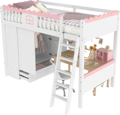 Immagine prodotto di Letto a soppalco, letto singolo (senza materasso), letto per bambini, con luci LED, con armadio, con cassetto portaoggetti,  EN747, 90x200cm,