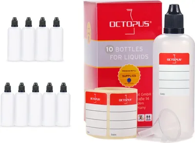 Produktbild von 10 Plastikflaschen 100 ml LDPE, G14, Tropfeinsatz, Deckel schwarz, 1 Mini-Trichter