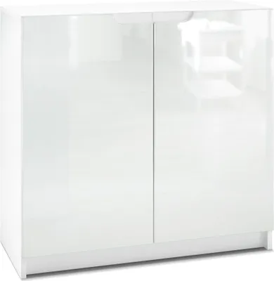 A white sideboard with two doors is shown against a white background.