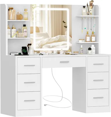 Image de Table de maquillage avec éclairage - Table de maquillage avec miroir - Maquillage professionnel - Prise électrique intégrée - 40x107x140 cm - Blanc