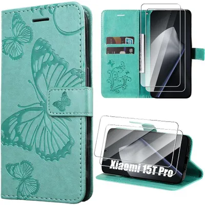 Image de Coque + 2 Verres Trempés pour Xiaomi 15T Pro, Protection Cuir Synthétique Motif Papillon Vert