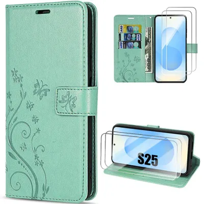 Image de Coque + 2 Verres Trempés pour Samsung Galaxy S25, Protection Antichoc Anti-Rayures CuirPolyuréthaneVert Motif Fleur Papillon