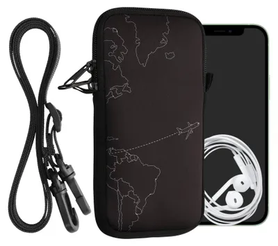 Produktbild von kwmobile Handytasche für Smartphones XXL - 7" - Neopren Handy Hülle Weiß Schwarz - Handy Tasche mit Kette 17,7 x 8,5 cm Innenmaße - Travel Flugzeug