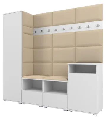 Produktbild von Garderobe NELA X 200 cm Modulare Flurmöbel Weiß mit Sitzpolster Beige 04 (Schrank + Sidelboard)