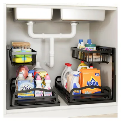 Produktbild von 2 Stück Küchenorganizer, Metall Spülschrank Organizer, 2-stufiges Regal für Unter dem Waschbecken, Unterschrank Organizer für Badezimmer, herausziehbarer Korb, höhenverstellbar
