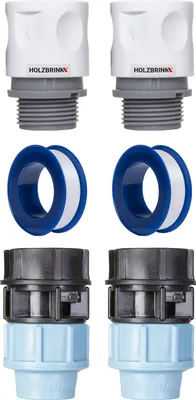 Produktbild von HOLZBRINK Set zum Anschluss von Verlegerohr 20mm an den Wasserhahn: 2x Schnellanschluss 20mm, 2x Verbindung PE 20mm, 2x Teflonband