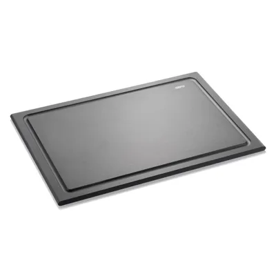 A dark gray cutting board with a raised edge is shown on a white background.