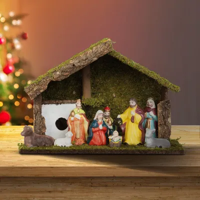 Productafbeelding van Kerstdecoratie voor op tafel - Betlehem - keramiek en hout - 30 x 10 x 20 cm