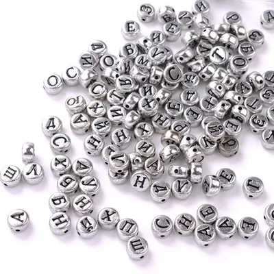 Produktbild von 100 Stück russische Buchstaben, Alphabet, rund, Acrylperlen, 4 x 7 mm, DIY-Schmuckzubehör (Silber)