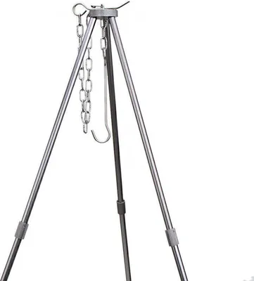 A close-up view of a metal tripod stand with a chain and hook attached, against a white background.