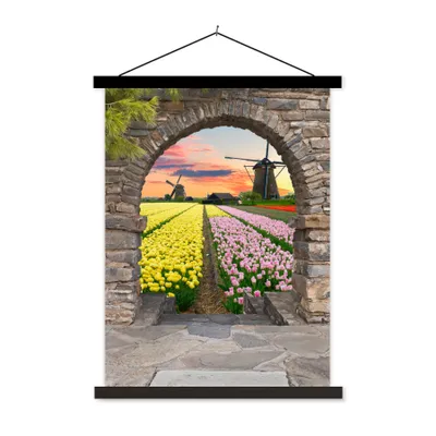 Produktbild von MuchoWow® Textilposter Tulpen - Blumen - Mühle - Ansicht 60x80 cm mit schwarzem Rahmen - Plakathalter