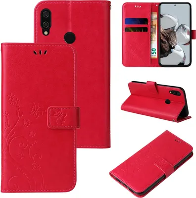 Produktbild von Handyhülle für Huawei P20 Lite Floral Blumen Schmetterling Flip Cover Hülle Case Klapphülle Handytasche Farbe: Rot