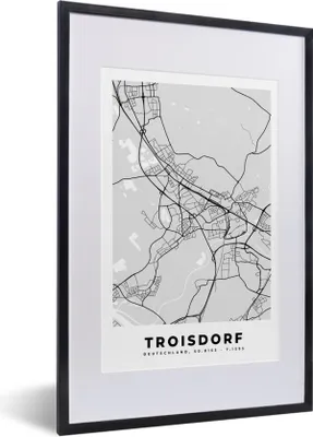 Produktbild von MuchoWow® Gerahmtes Poster Karte - Troisdorf - Deutschland - Stadtplan 40x60 cm - Poster mit Schwarzem Bilderrahmen Wandposter Rahmen Foto Bilder - Poster in Rahmen