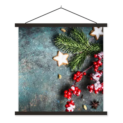 Produktbild von MuchoWow® Textilposter Weihnachten - Rustikal - Zweige - Sternanis - Beeren - Rot 90x90 cm mit schwarzem Rahmen - Magnetisches