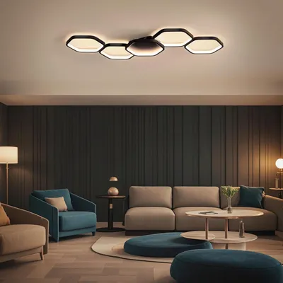 Produktbild von Dimmbar Deckenleuchte 90cm Schwarz, Deckenlampe mit Fernbedienung, 48W Moderne 5-Ring Deckenbeleuchtung für Wohnzimmer Schlafzimmer Büro