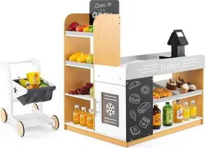 Produktbild von Kindersupermarkt aus Holz mit Einkaufswagen - ab 3 Jahren