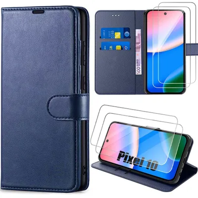 Image de Coque + 2 Verres Trempés pour Google Pixel 10, Protection Flip Case Effet Cuir Bleu Marine