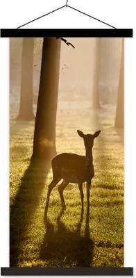 Produktbild von MuchoWow® Textilposter Hirsche - Sonne - Bäume 90x180 cm mit schwarzem Rahmen - Dekoration Wohnzimmer