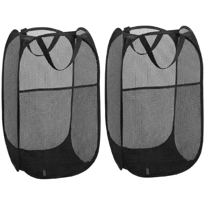 Two black mesh laundry baskets are shown side-by-side against a white background.