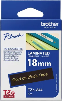 Produktbild von Brother TZe-344 - Standard-Klebstoff - gold auf schwarz - Rolle (1,8 cm x 8 m) 1 Kassette(n) laminiertes Band - für Brother PT-D600, P-Touch PT-1880, D450, D800, E550, E800, P900, P950, P-Touch EDGE PT-P750