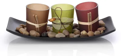 Teelichthalter-Set, 3er, mit Tablett und Kieselsteinen, Glas