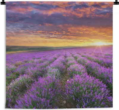 Produktbild von MuchoWow® Wandteppich Wandbehang Lavendel - Wolken - Frühling 120x120 cm Tapisserie Dekoration Wandtuch - Modern - Baumwollgewebe