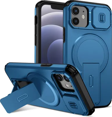 Immagine prodotto di Custodia magnetica per iPhone 12/iPhone 12 Pro, custodia resistente a due strati con protezione scorrevole della fotocamera e supporto regolabile Blu