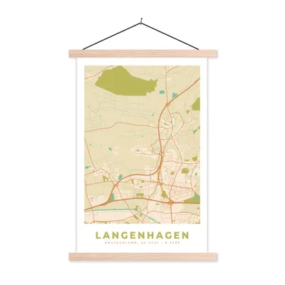 Produktbild von MuchoWow® Textilposter Karte - Stadtplan - Langenhagen - Vintage 60x90 cm mit holzfarbenen Rahmen - Textil