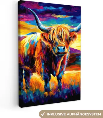 Produktbild von Wanddeko 60x90 cm - Schottisches Hochlandrind - Kunst - Kuh - Tiere - Landschaft, Deko Wohnzimmer, Leinwand Bilder
