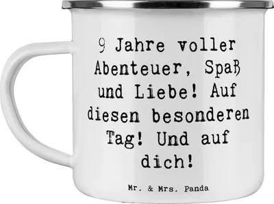 Produktbild von Mr. & Mrs. Panda Pott Spruch 9. Geburtstag Abenteuer - Weiß - Geschenk, Alter, Teetasse, besondere Anlässe, Happy Birthday, Geburtstagsideen, becher emaille, Freude