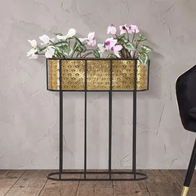 Obrázek produktu pro Stojan na květiny ze zlatého kovu s černou základnou 60x20x70 cm