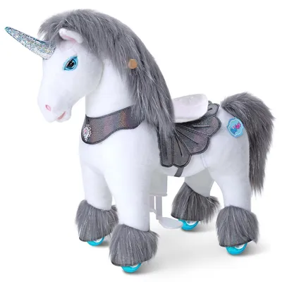 Image de PonyCycle Modèle Y Licorne à chevaucher pour enfants de 3 à 4 ans, jouet licorne grise avec sons et frein, cadeau d'anniversaire pour enfants – Y356