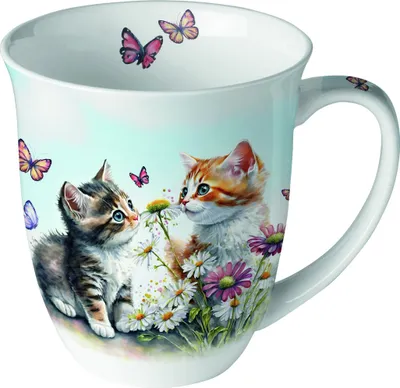 Produktbild von Tasse aus Porzellan Kittens in Flower Field - Katzen am Blumenbeet 0,4L, Höhe 10,5cm Ambiente Tasse Kaffeetasse Teetasse Tiermotive