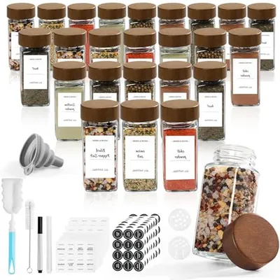Produktbild von Kräuterdosen-Set – Glasbehälter – Küchenorganisation – Luftdichte Deckel – 24 Stück à 120 ml – Natürliches Holz