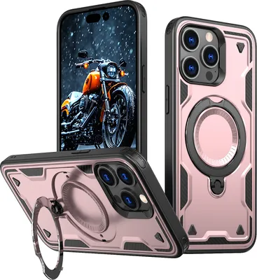 Produktbild von Dual Layer Hülle für iPhone 15 Pro Metall Ring Ständer Magnetisch Stoßfest Militär Handyhülle Roségold