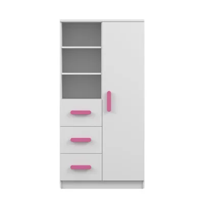A white wardrobe with pink handles and shelves.