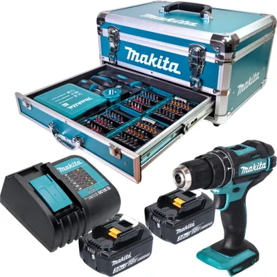 Produktbild von Makita DHP 482 SFX9 Akku Schlagbohrschrauber 18 V 62 Nm + 2x Akku 3,0 Ah + Ladegerät + 96 tlg. Zubehör Set + Koffer