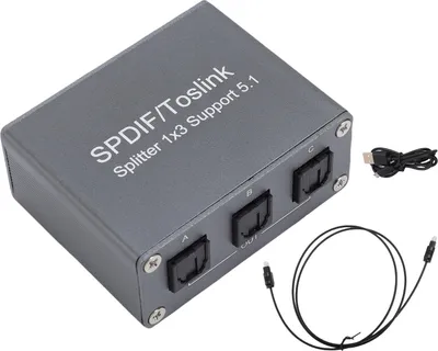 A gray digital optical sound splitter with three Toslink ports and included cables, shown on a white background.