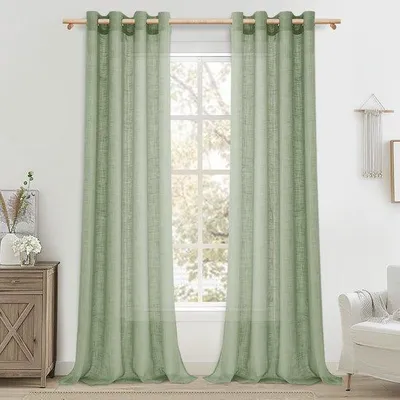 Immagine prodotto di Tende Ibbenzoa® dall'aspetto simile al lino, semitrasparenti, color salvia, set da 2, dimensioni 140 x 245 cm ciascuna, 100% poliestere, 8 occhielli metallici di diametro 4 cm – ideali per soggiorno e camera da letto