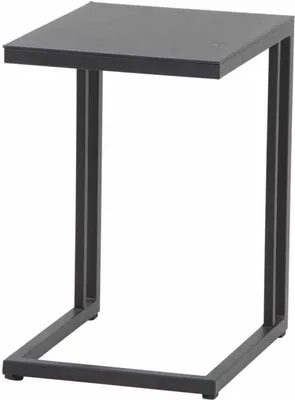 A black metal side table with a square top and a C-shaped base.