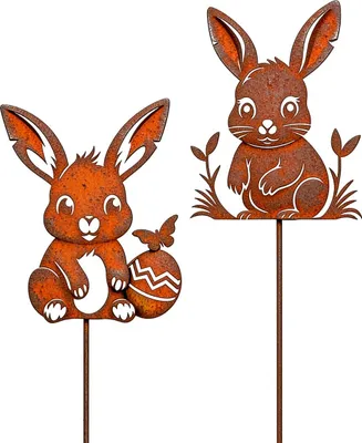 Produktbild von Vintage Osterdeko 2 Stück, Metall Osterhase mit Rost-Optik, Garten- & Blumendeko, wetterfest, Frühling & Ostern Deko