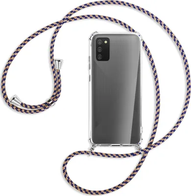 Produktbild von Handykette Backcover-Schutzhülle mit Band (Metall silberfarben) für Samsung Galaxy A02s - blau+beige