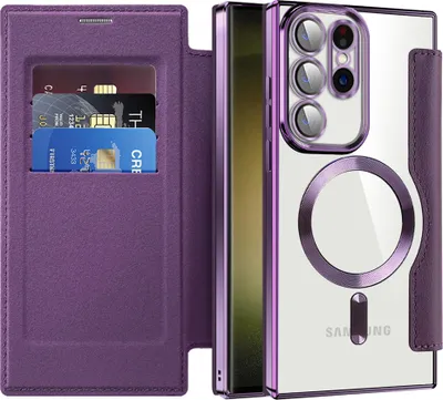 Immagine prodotto di Custodia per Samsung Galaxy S23 Ultra compatibile con MagSafe, custodia trasparente con portacarte, custodia in pelle con protezione per la fotocamera Purple