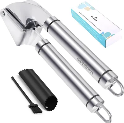 Produktbild von Knoblauchpresse Edelstahl Profi Premium Garlic Press Reinigungsbürsten - Stark & Strapazierfähig - Spülmaschinenfest