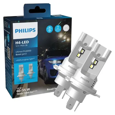 Imagen del producto de Lámpara LED Philips Ultinon Pro6000 Boost H4, 12V, 18W, 5800K, para automóviles y motocicletas, 2 unidades, con base P43t-38.