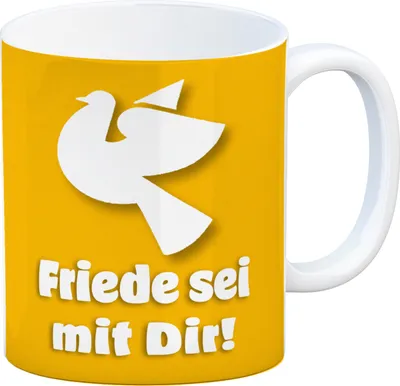 Produktbild von Friedenstaube Kaffeebecher mit Spruch Friede sei mit Dir in Gelb-weiß