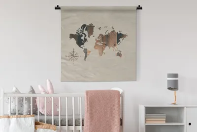 Produktbild von MuchoWow® Wandteppich Wandbehang Weltkarte - Holz - Kompass 90x90 cm Tapisserie Dekoration Wandtuch - Wandaufhänger