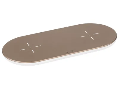 A gold and white dual wireless charging pad is shown on a white background.