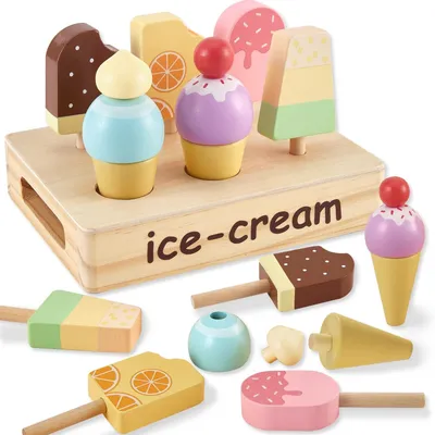 Produktbild von Eiswagen Spielzeug Eisladen Spielset - Holz - 1 Eiswagen, 2 Eisbecher, 4 Eis am Stiel - Für Kinder ab 3 Jahren - Rollenspiel