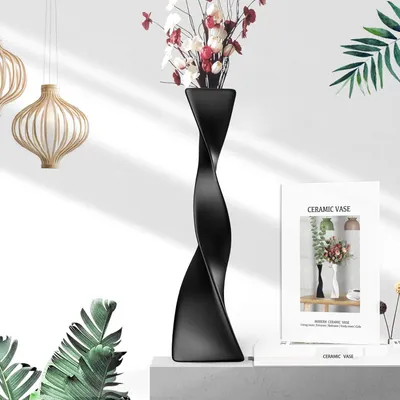 Produktbild von schwarz Vase hoch,Bodenvase, Rosenvase, Vase schmal schwarz, Deko Keramik, große Vase, Premium Porzellan,Spiralvase,()